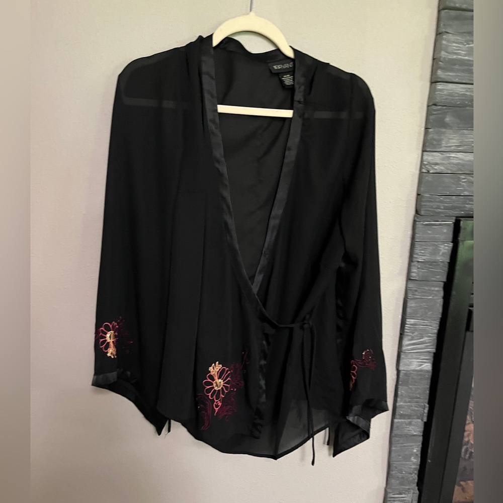 Kimono Style Black Sheer Satin Lined Wrap Top with Floral Embroidery 14/16